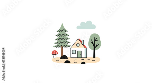 A charming minimalist illustration of a small house nestled in a peaceful natural landscape with trees, a mushroom, and a cloud.