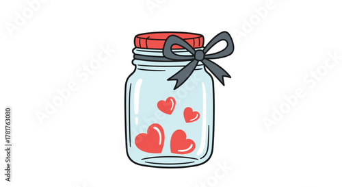 A sweet hand-drawn illustration of a clear glass jar containing several red hearts, adorned with a red lid and a grey ribbon tied neatly.