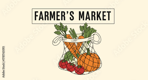 An illustration of a Farmer's Market sign overseeing a reusable string bag bursting with fresh, healthy vegetables and a pumpkin.