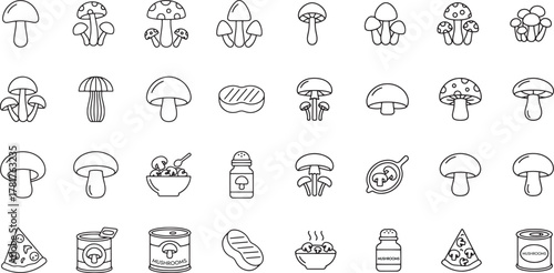 Mushroom Icons Set - Line Art of Mushrooms, Pizza, Cans, and Food Illustrations