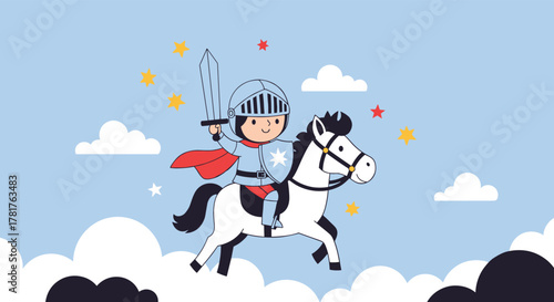 A cute cartoon knight in shining armor riding a white horse through a whimsical sky filled with fluffy clouds and twinkling stars, ready for adventure.