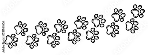 Hand drawn paw print track border vector. Outline black dog or cat footprints graphic