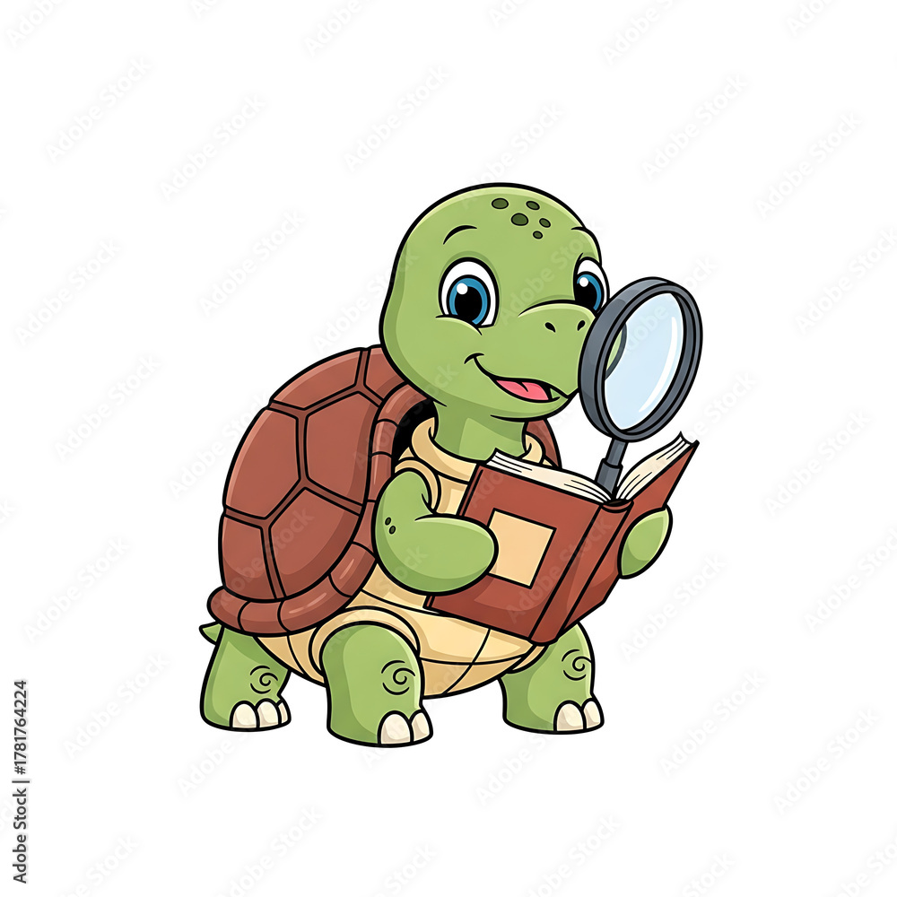 Obraz premium Cute cartoon turtle holding a magnifying glass and reading a book isolated on transparent background