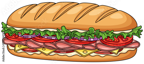 Submarine sandwich illustration in vibrant color showing layered ingredients including lettuce, tomato, onion, cheese, deli meat, and mayonnaise