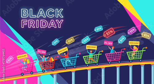 Black Friday Shopping Roller Coaster with Shoppers and Discounts - Flat Design