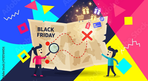 Black Friday Treasure Map with Shoppers and Glowing Icons - Flat Illustration