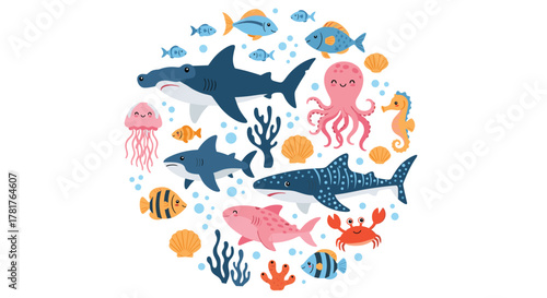 Cute cartoon marine life in a circular design, featuring various sharks, an octopus, jellyfish, and colorful fish with seashells and coral.