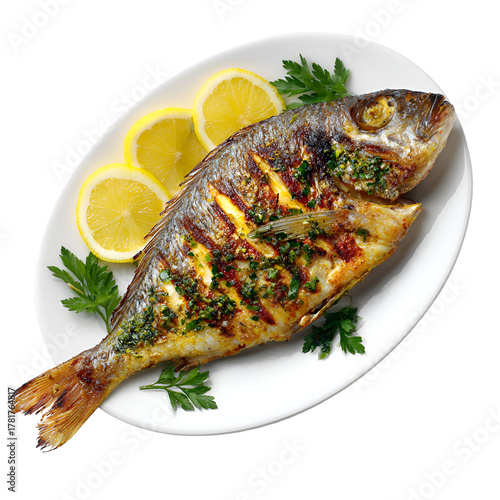 Grilled Fish on White Plate High Resolution Food Photography