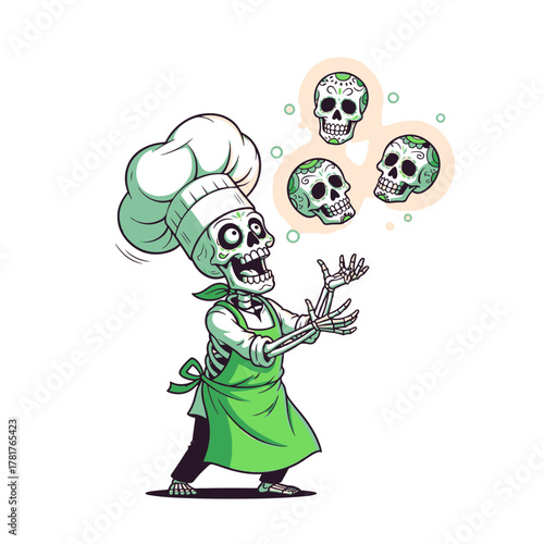 A grinning skeleton chef joyfully juggles three vibrant sugar skull emoticons, creating a whimsical and festive culinary display