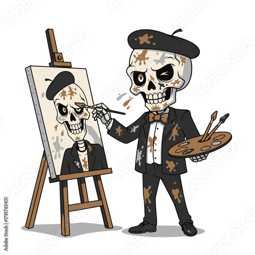 Painting his likeness, a dapper sugar skull emoticon character works on a self-portrait, showcasing artistic creativity