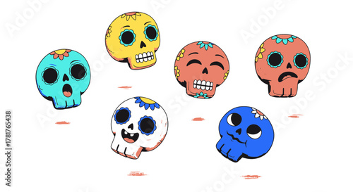 Vibrant collection of cheerful sugar skull emoticons, each showcasing a unique expression with festive cultural art