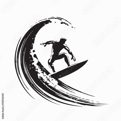 Man Surfing on Huge Ocean Wave Silhouette Vector on white background