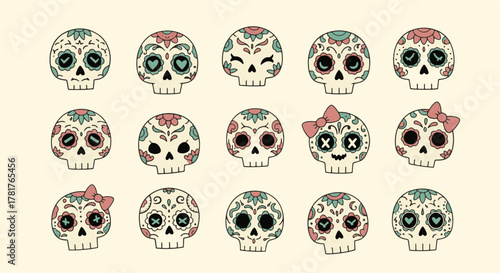 Vibrant collection of decorative sugar skull emoticons expressing a range of emotions and cultural celebration for Day of the Dead