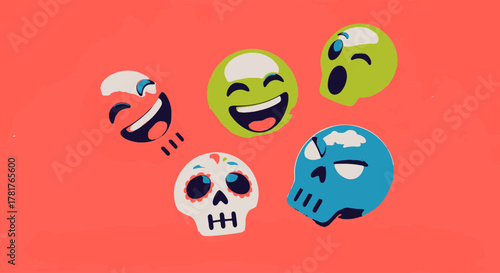 A vibrant collection of expressive sugar skull emoticon and cheerful cartoon faces on a lively background, conveying a range of emotions