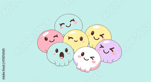 A delightful collection of cute pastel sugar skull emoticons expressing a range of emotions, perfect for playful designs
