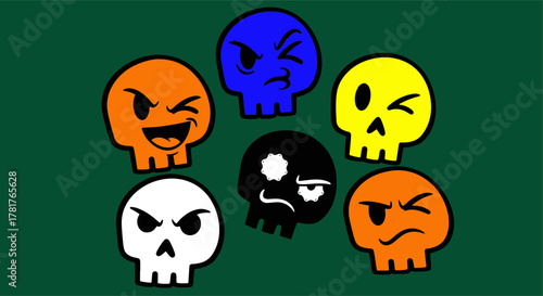 Vibrant collection of expressive sugar skull emoticon characters illustrating diverse emotions on a dark background