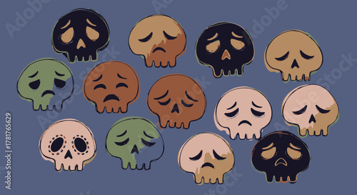 A collection of colorful decorative sugar skull emoticon designs expressing various somber moods and emotions