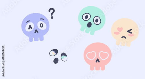 A collection of cute and expressive pastel sugar skull emoticon illustrations depicting various human emotions in a playful style