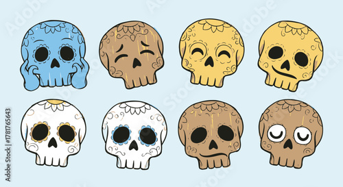 Vibrant and expressive cartoon sugar skull emoticon collection showcasing diverse emotions for festive designs and cultural celebrations