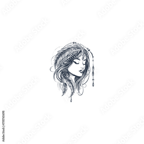 Detailed bohemian illustration of a beautiful woman wearing a feather headdress and beaded jewelry