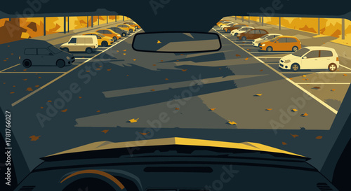 The view from a car's interior, looking out at a large, sunlit outdoor parking lot with many vehicles casting long shadows during the golden hour.