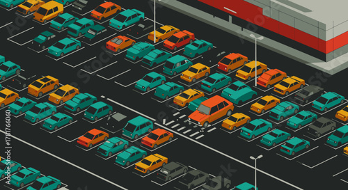 An isometric pixel art illustration depicts a bustling, crowded outdoor parking lot filled with numerous colorful cars next to a modern shopping center.