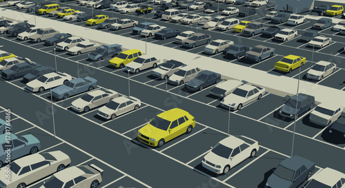 A large parking lot is filled with numerous cars, with bright yellow vehicles standing out among the dark automobiles, depicting urban transport.