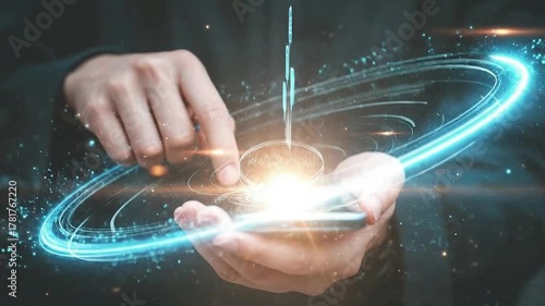 Digital connection: smartphone user interacts with glowing data.