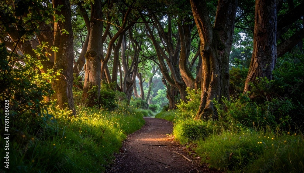 Naklejka premium Sunlit Forest Path Winding Through Twisted Trees and Lush Greenery in Peaceful Morning Light