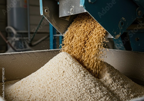 Industrial machinery meticulously processes golden grains into fine, white flour, ready for baking. Essential food production ,supply chain ,grain ,storage