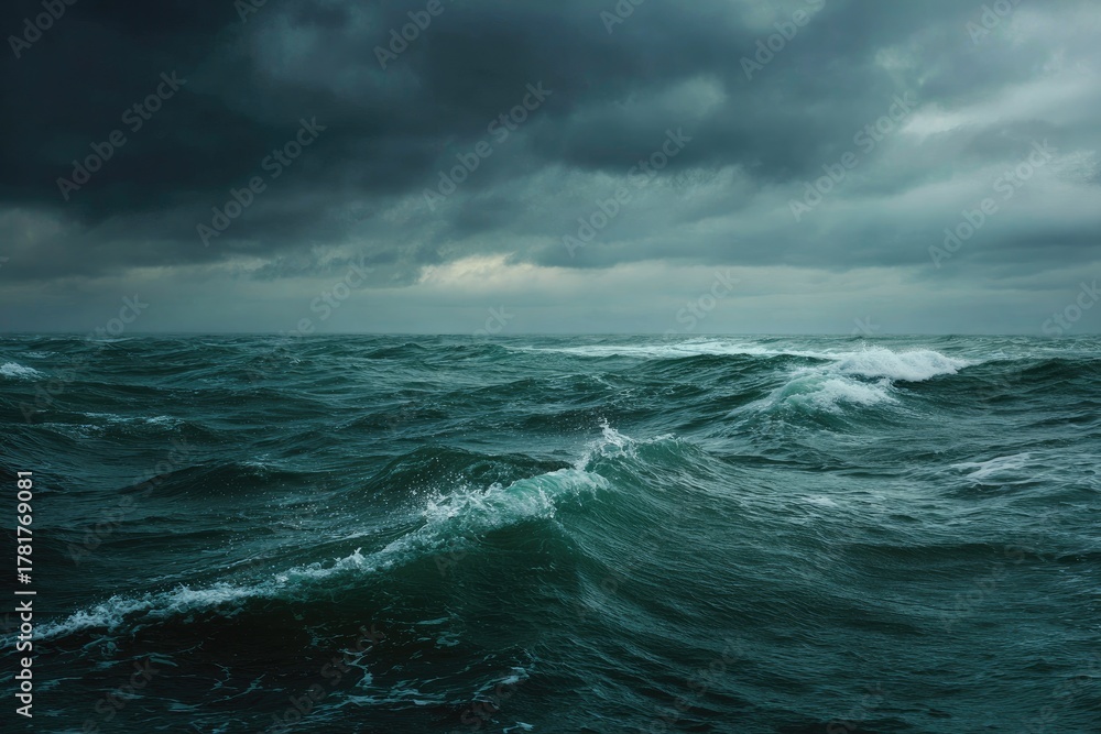 Fototapeta premium Rough sea with dark, ominous clouds looming overhead creating a stormy atmosphere