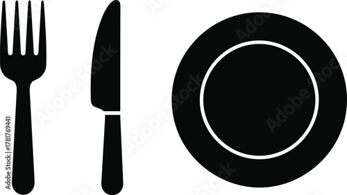 Dining icon silhouette, fork, knife, plate, black, minimal, food, restaurant, vector, editable, outline, kitchen, cad drawing flat vector illustration