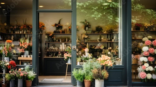 Wallpaper Mural Charming flower shop facade captured at eye level, showcasing vibrant blooms in natural light. Ideal for a video on local businesses or urban aesthetics. Live desktop wallpaper. Torontodigital.ca