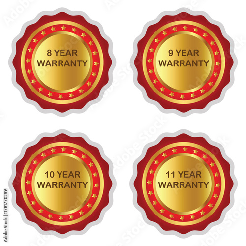 Gold and Red Warranty Badges – 8 to 11 Year Guarantee Labels Set