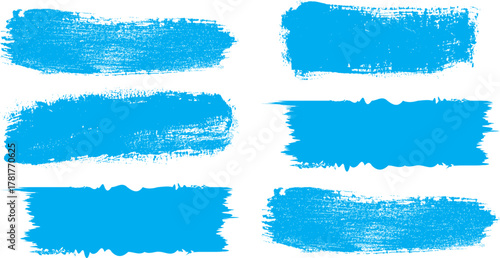 Blue Paint Brush Stroke Set: 6 Grunge Vector Textures for Banner, Highlight and Watercolor Background Design