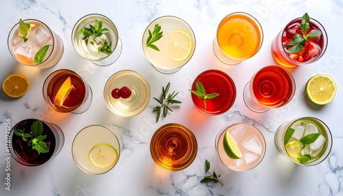 Colorful cocktail assortment on marble surface, garnished with fresh herbs and citrus, overhead view
