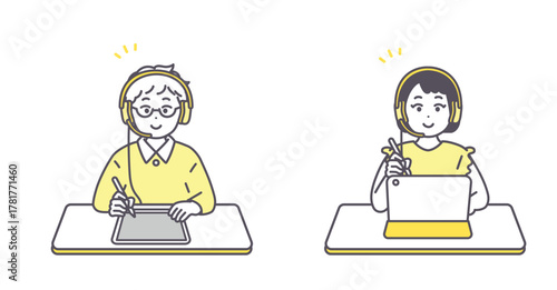 ヘッドセットを付けてタブレットで学習をしている男の子と女の子のイメージイラスト