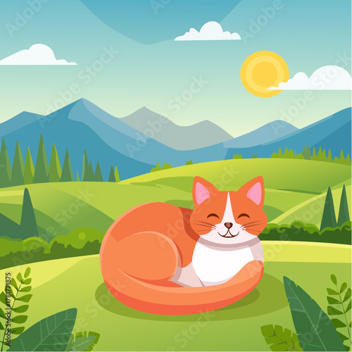 idyllische Landschaft mit einer Katze , sie liegt auf einer Wiese und schläft, im Hintergrund sind Berge und Bäume und die Sonne steht am Himmel