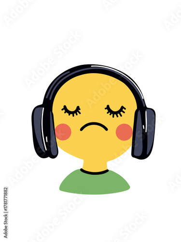 Vector illustration melancholic smiley face with headphones