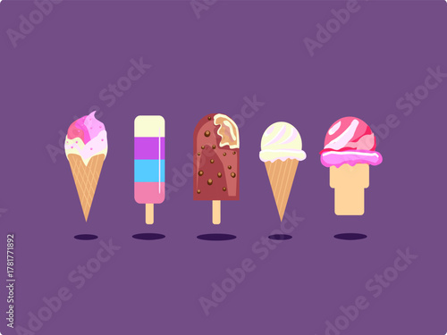 Set of Various ice cream colour and shape. Vector illustration of five ice cream, ice cream stick and ice cream cone