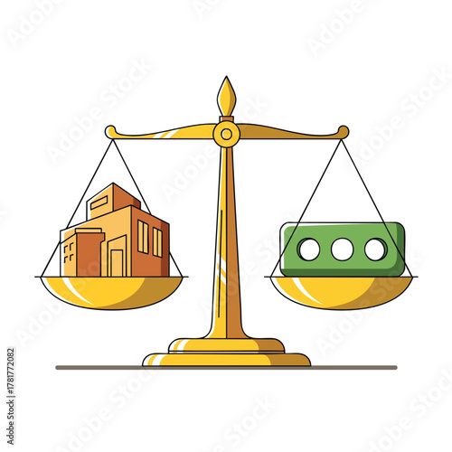 A golden justice scale perfectly balancing a tan house on one side and green money on the other representing real estate value.