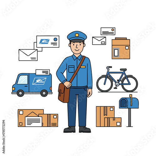 A smiling cartoon mail carrier in a blue uniform and cap carrying a brown leather satchel.