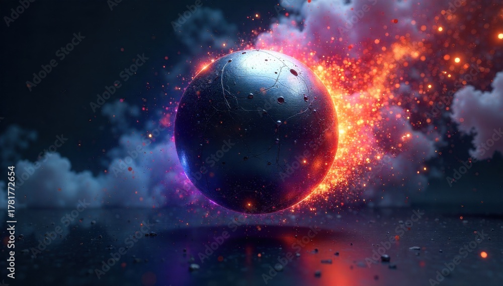 Obraz premium A metallic sphere plummeting through a swirling vortex of abstract colors. A polished, metallic sphere is falling rapidly into a chaotic, swirling vortex of vibrant, abstract colors like deep blues,