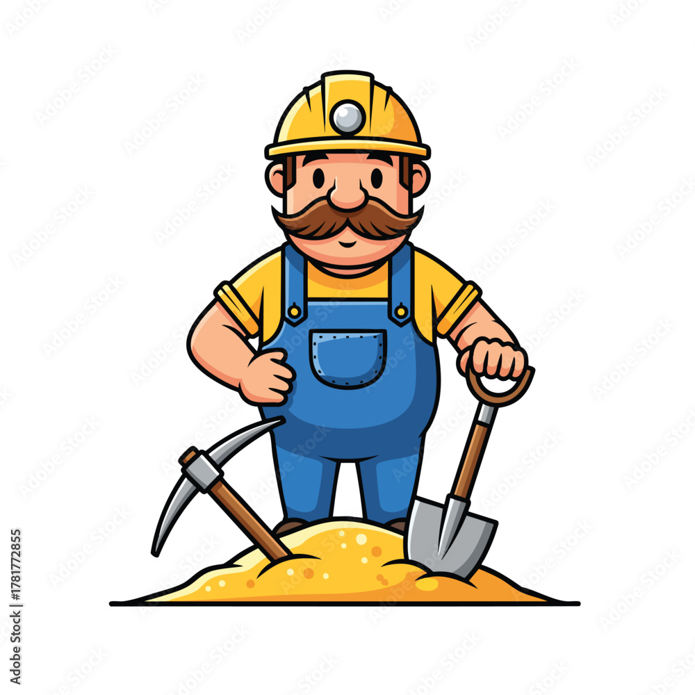 Fototapeta premium Cartoon miner character with a mustache and hard hat holding a shovel and pickaxe.