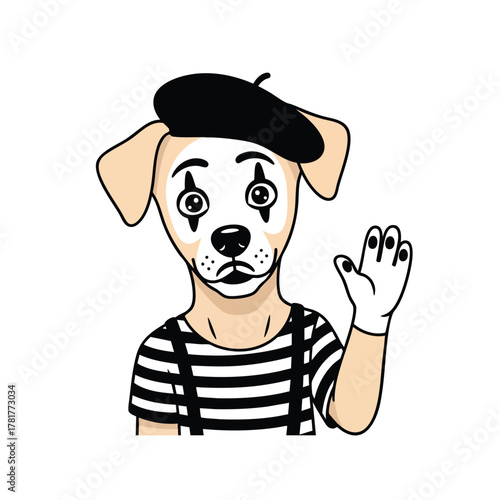 Charming cartoon dog as a French mime artist with beret and white gloves waving hello.