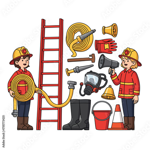 Colorful handdrawn illustration of two cartoon firefighters and their professional equipment including a ladder hose and axe.