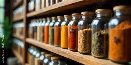 Wallpaper Mural Vibrant Spice Rack Colorful Arrangement of Exotic Spices in Glass Jars on a Shelf Eye level, close up view of a wooden shelf filled with neatly arranged, clear glass jars. Each jar contains a Torontodigital.ca