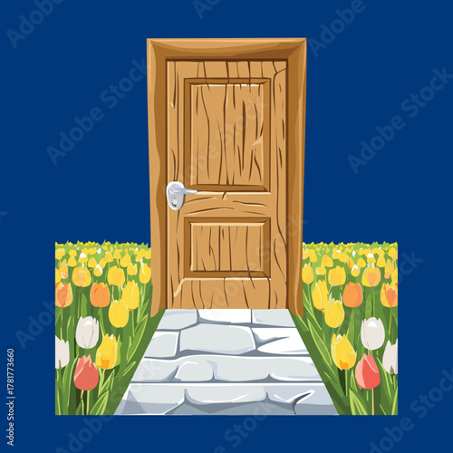 Traditional Closed Wooden Door Leading to a Stone Path Bordered with Flower Plants