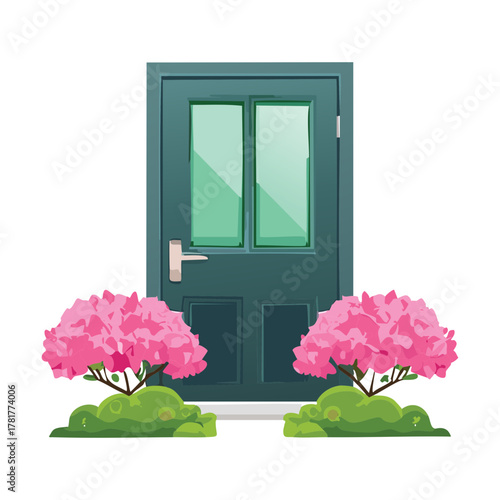 Contemporary dark teal door with a single window pane, flanked by vibrant pink hydrangea Plants, illustrating a modern suburban home entrance