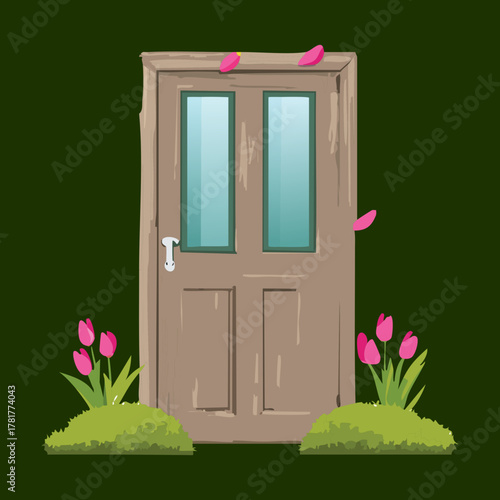 Warm brown rustic door with window glass and blooming pink Plants, creating a cozy and inviting illustration of a charming spring home entrance